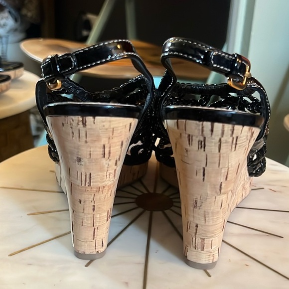 Prada, Black Wedge Sandals, leather 37.5 (US 7) - Picture 5 of 11
